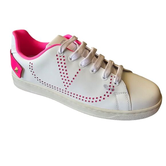 Valentino Garavani Backnet White Pink Leather V-Logo Sneakers Size 37 US 7 - Picture 1 of 9